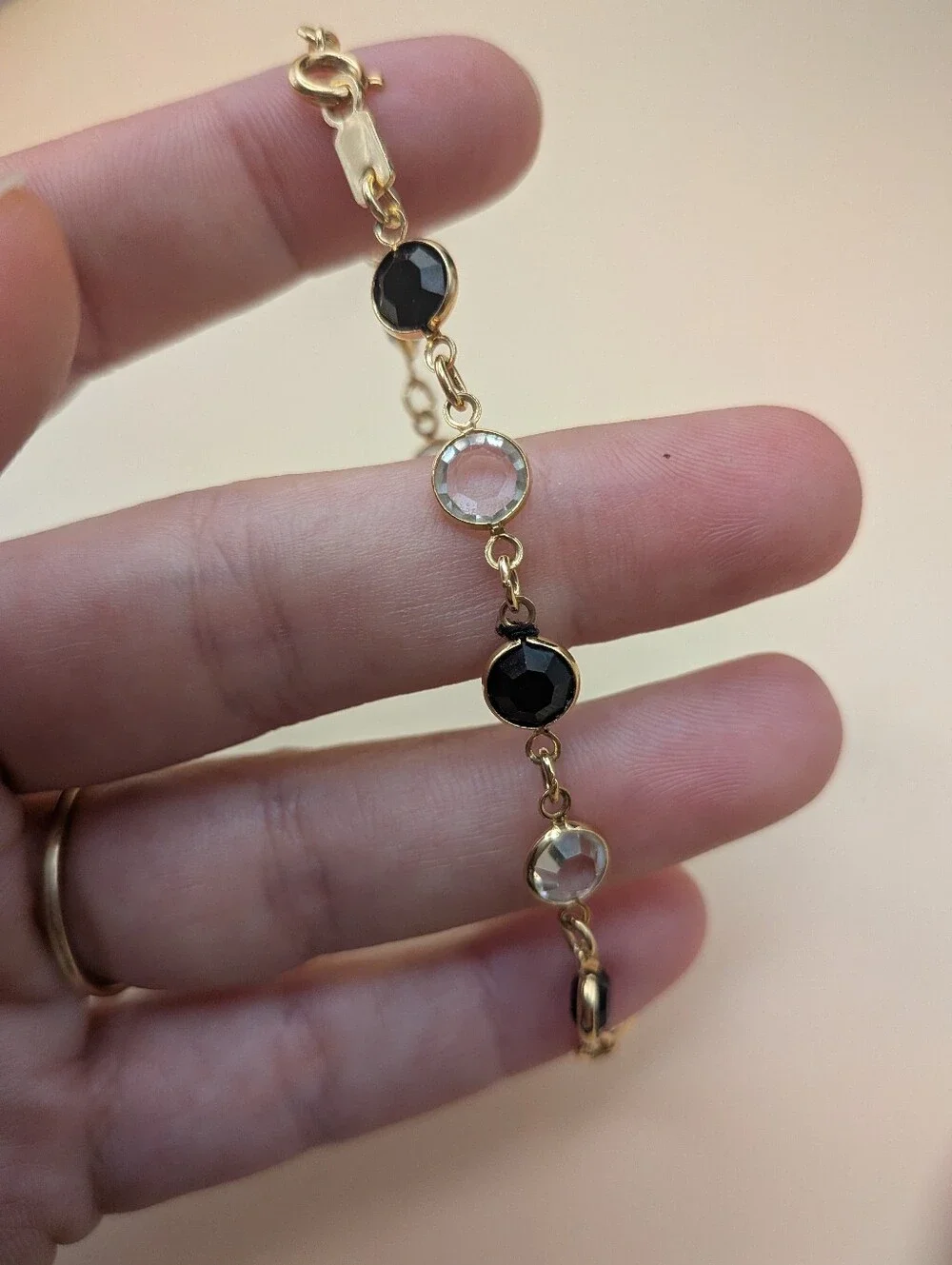 Swarovski Crystal Bezel Chain Bracelet Black and Clear Stones Adjustable Size